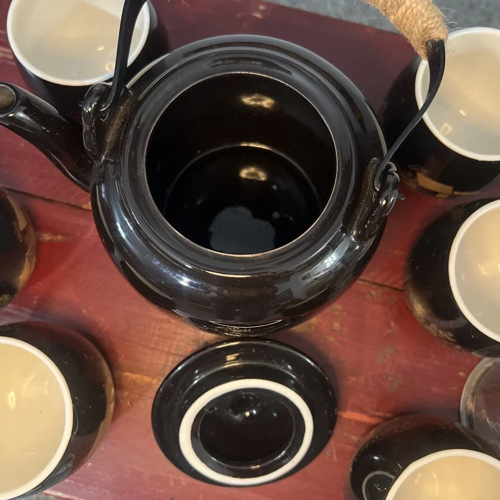 Vintage Dujust Japanese Tea Pot & 6 Cups Black & Gold House & Tree‎ Design